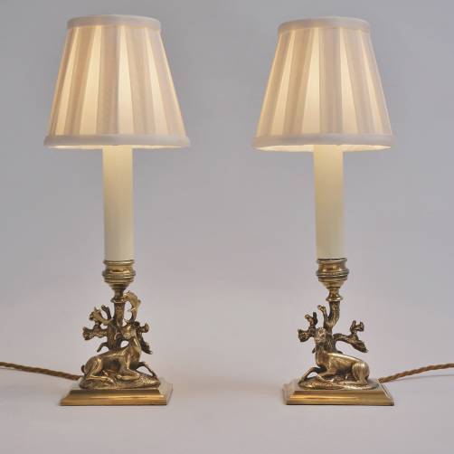 Antique Regency pair bronze deer candlestick table lamps, stag & doe, 1830`s ca, English